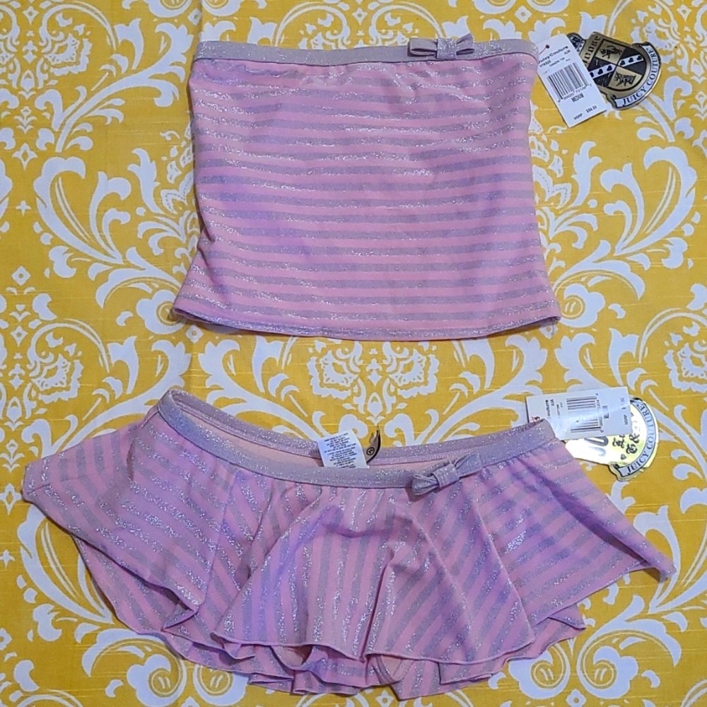 New JUICY COUTURE jrs. 2 PC SWIMSUIT nwt pink silver crop medium
